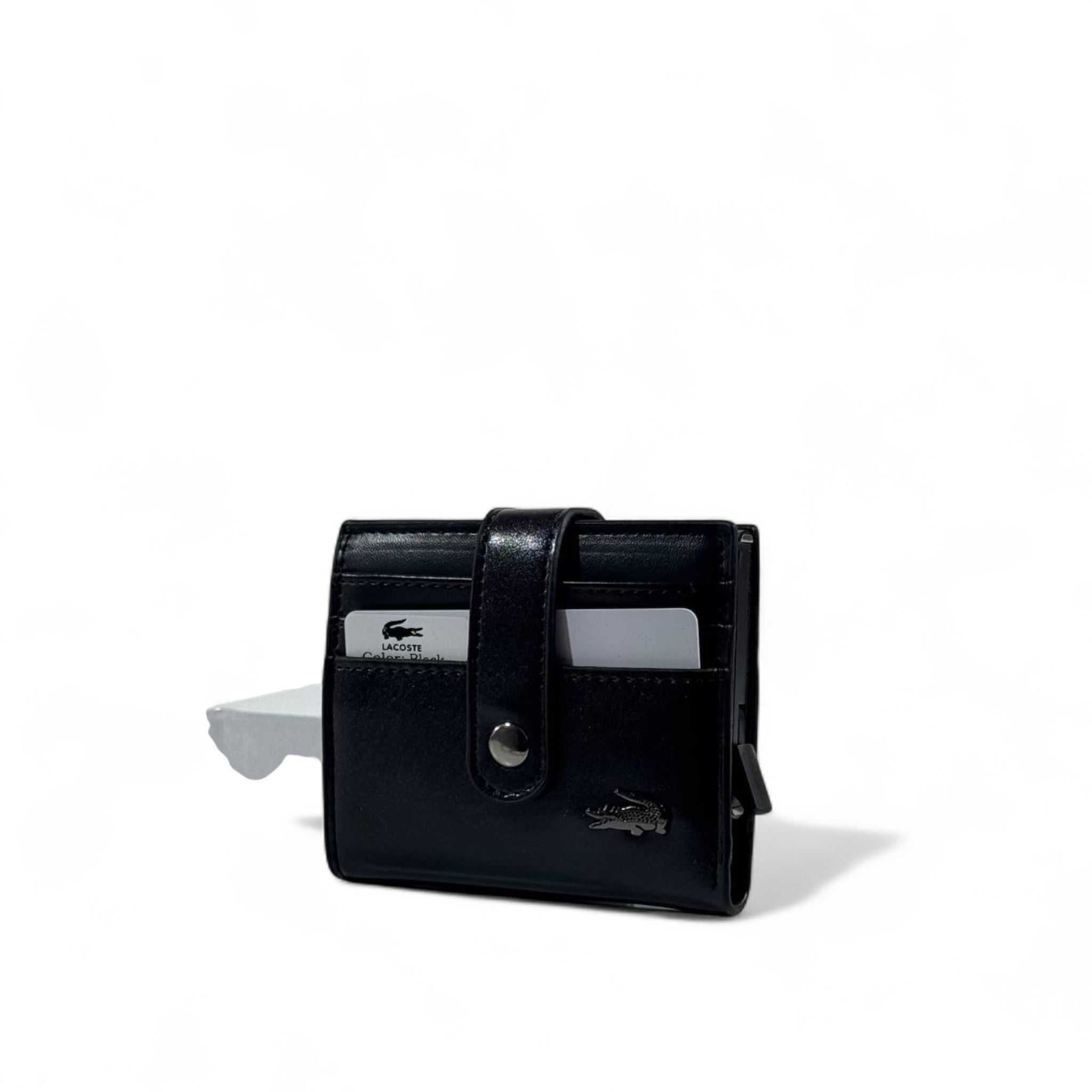 đ¤ Lacoste Black Leather Wallet â Strap Closure with Crocodile Logo