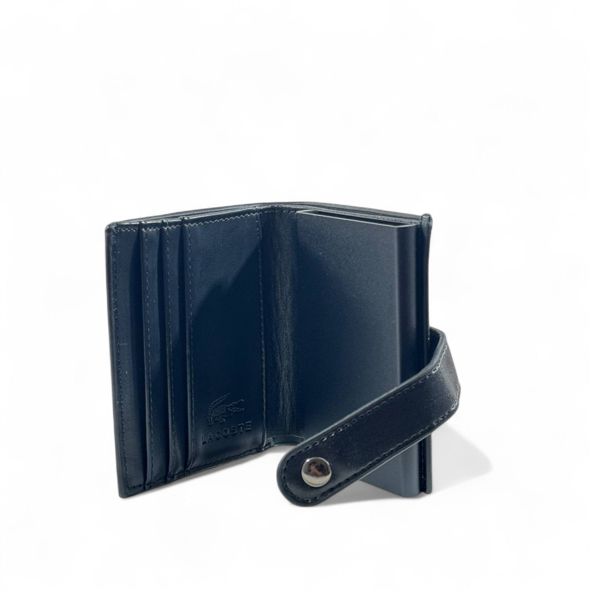 đ¤ Lacoste Black Leather Wallet â Strap Closure with Crocodile Logo
