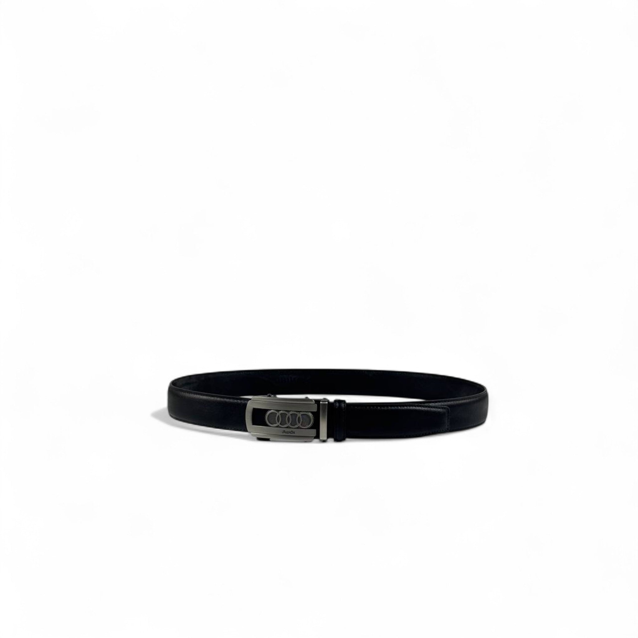 Audi Black Leather Belt with Four-Rings Logo Buckle | 120 cm