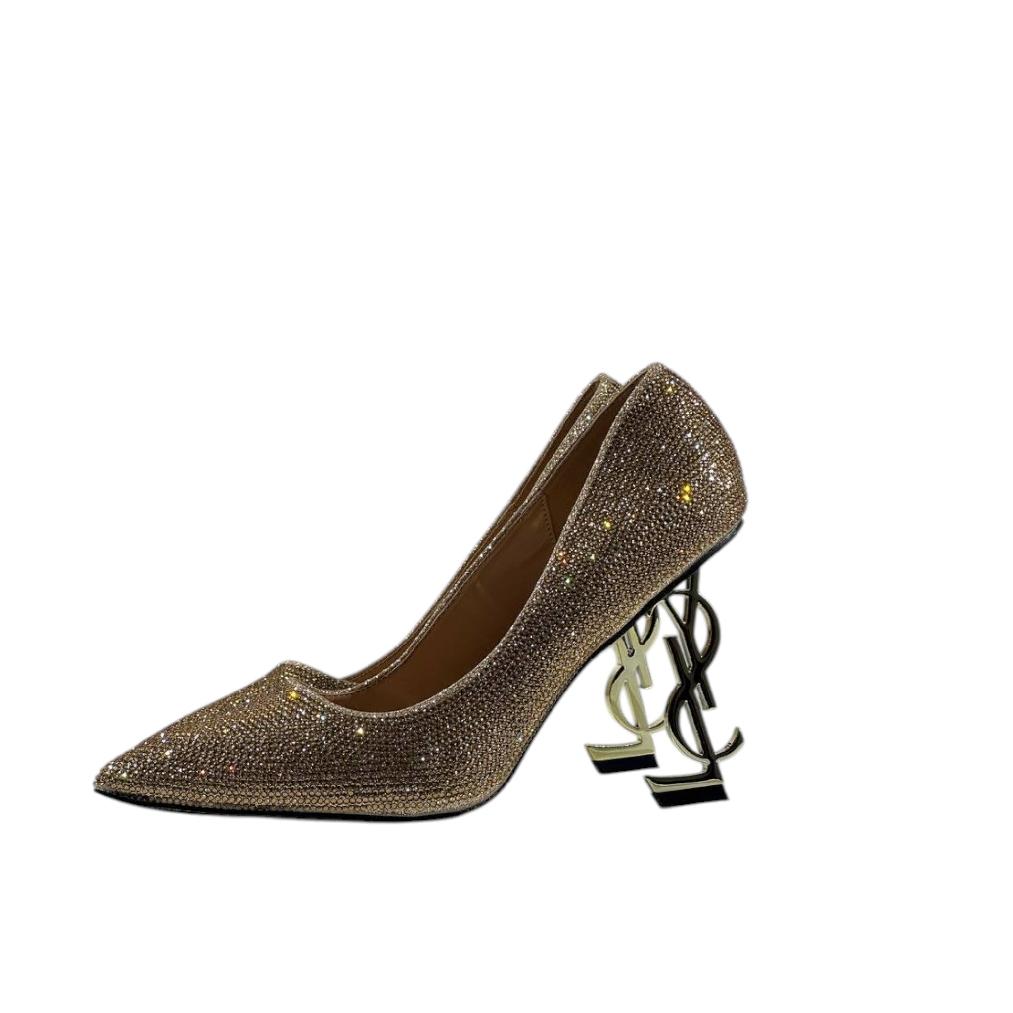 β¨ Saint Laurent YSL Opyum Pumps β Gold Crystal with Logo Heel π π
