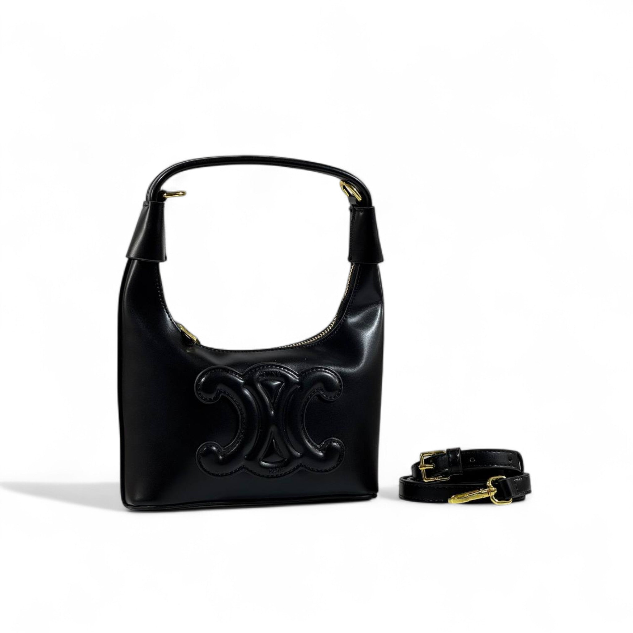 ๐คโจ Celine Ava Triomphe Black Leather Shoulder Bag with Embossed Logo ๐๐