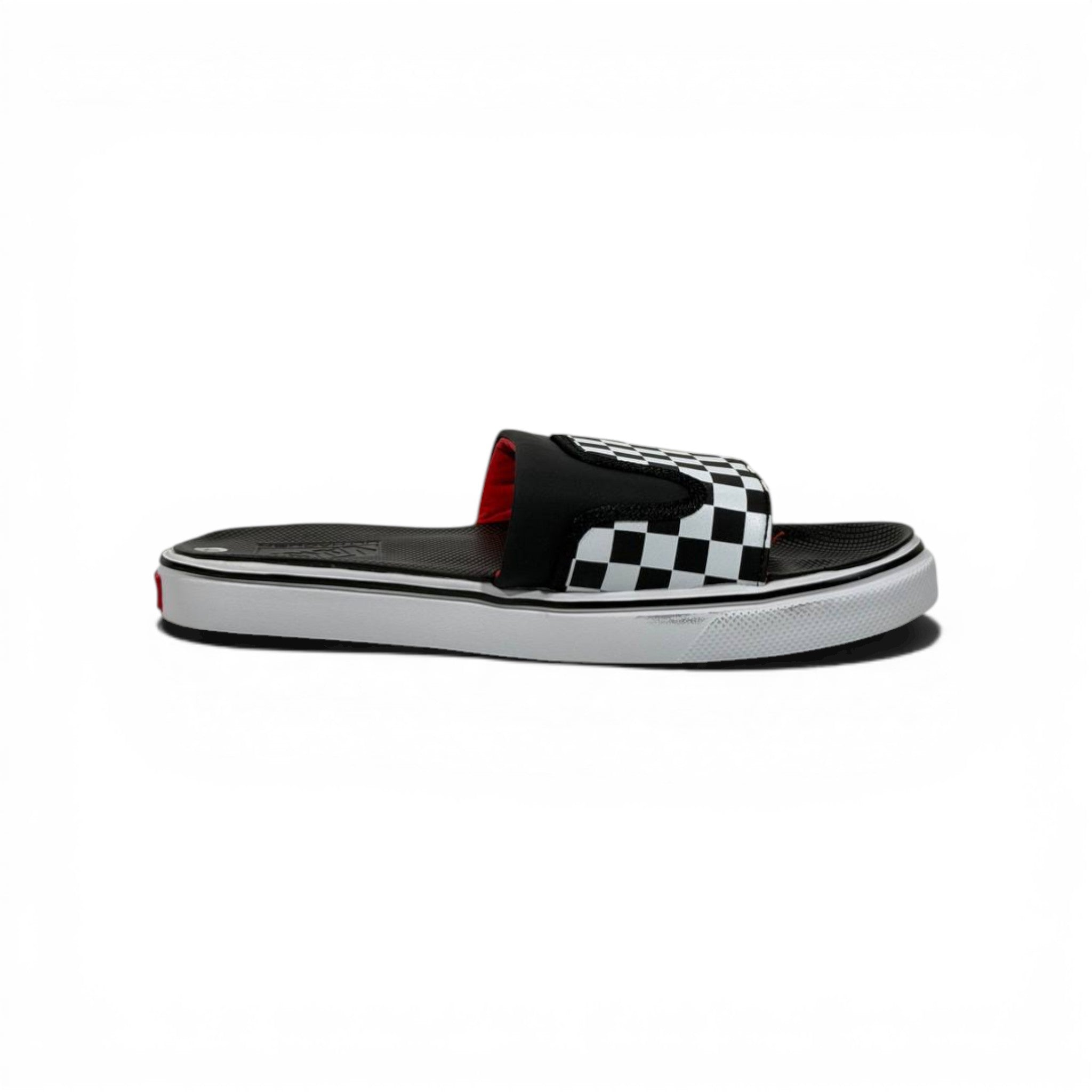 🏁🔴 Vans Checkerboard Slides – Black & White Red Accent Edition
