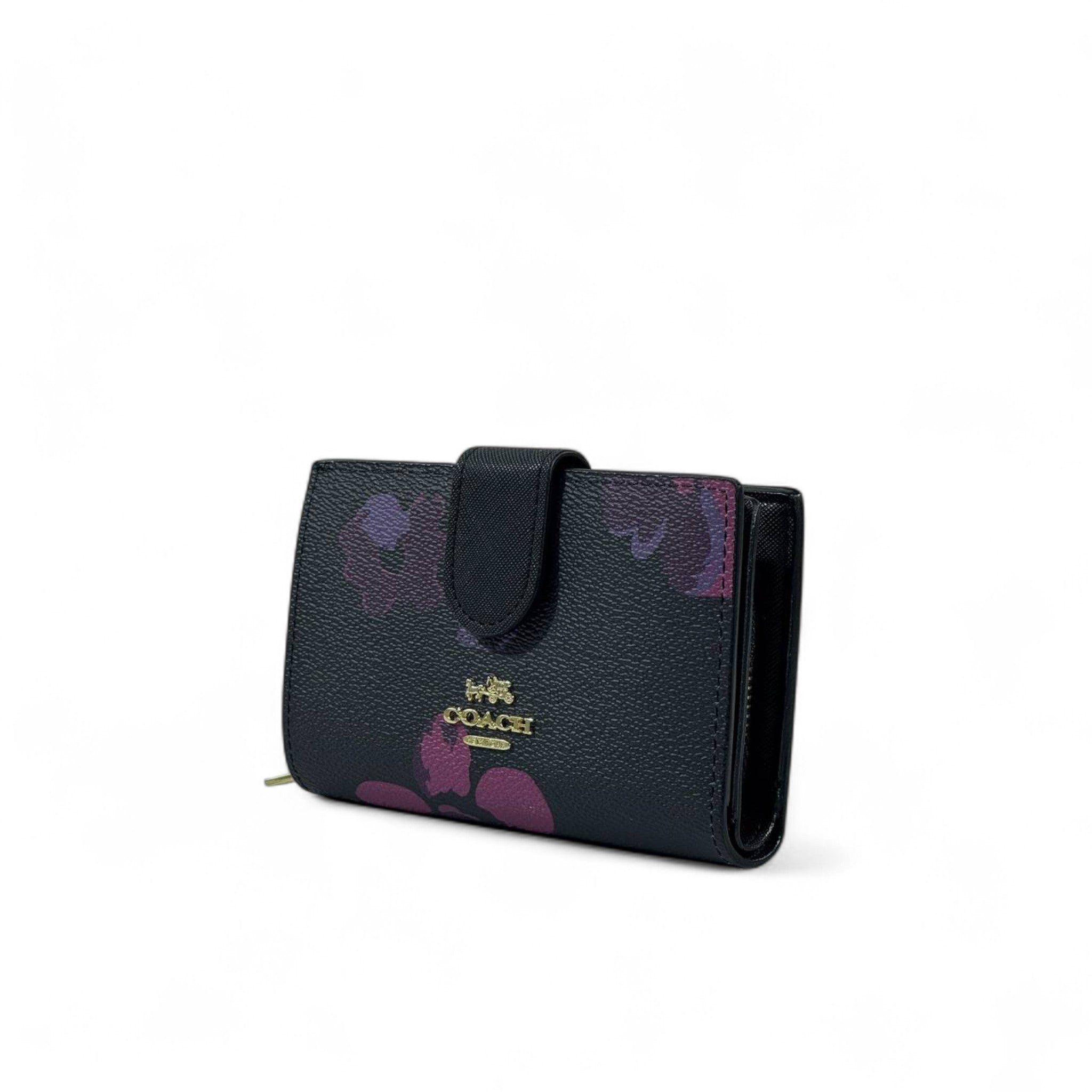 Coach Floral Print Compact Wallet 🌸✨ | Navy & Purple Elegance