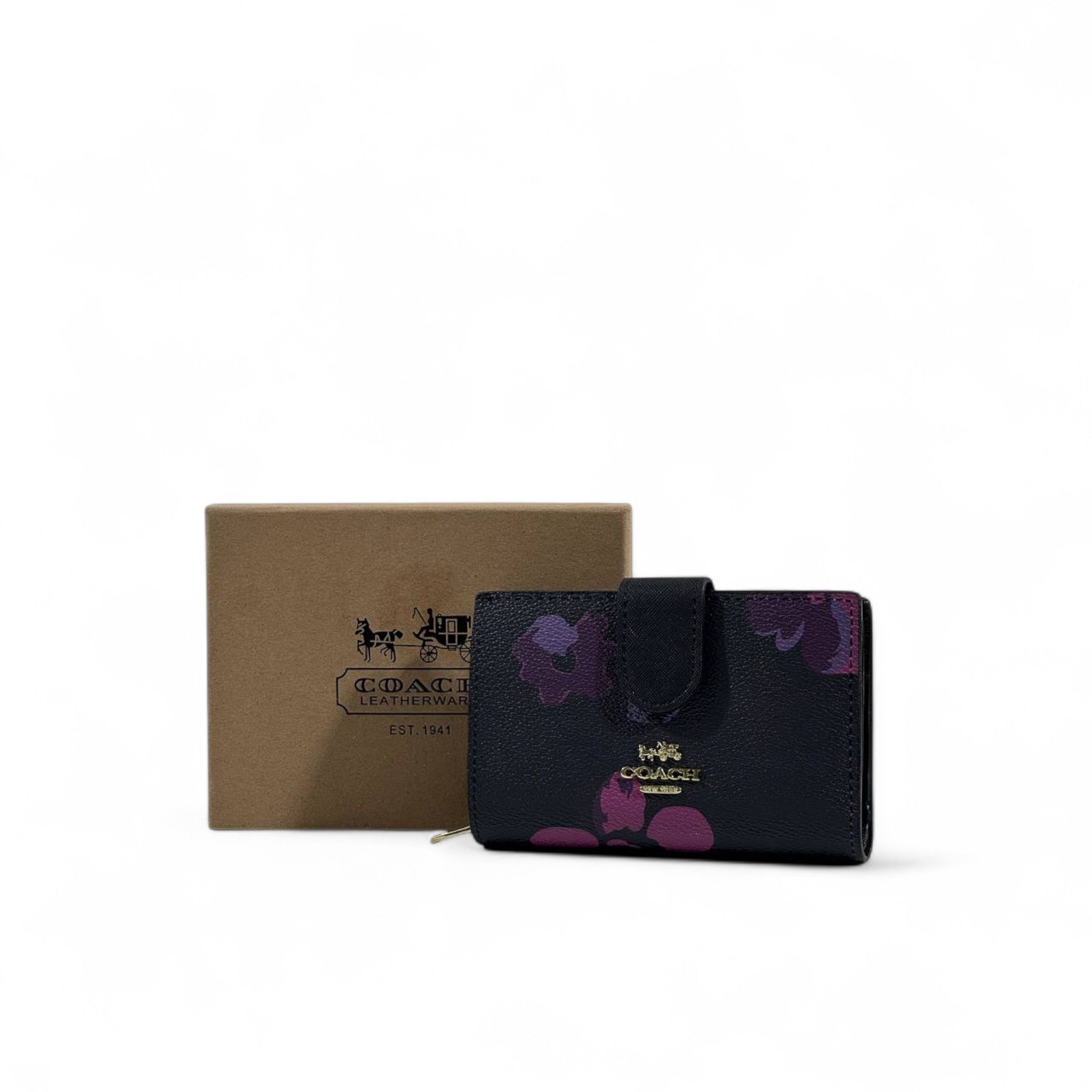 Coach Floral Print Compact Wallet 🌸✨ | Navy & Purple Elegance