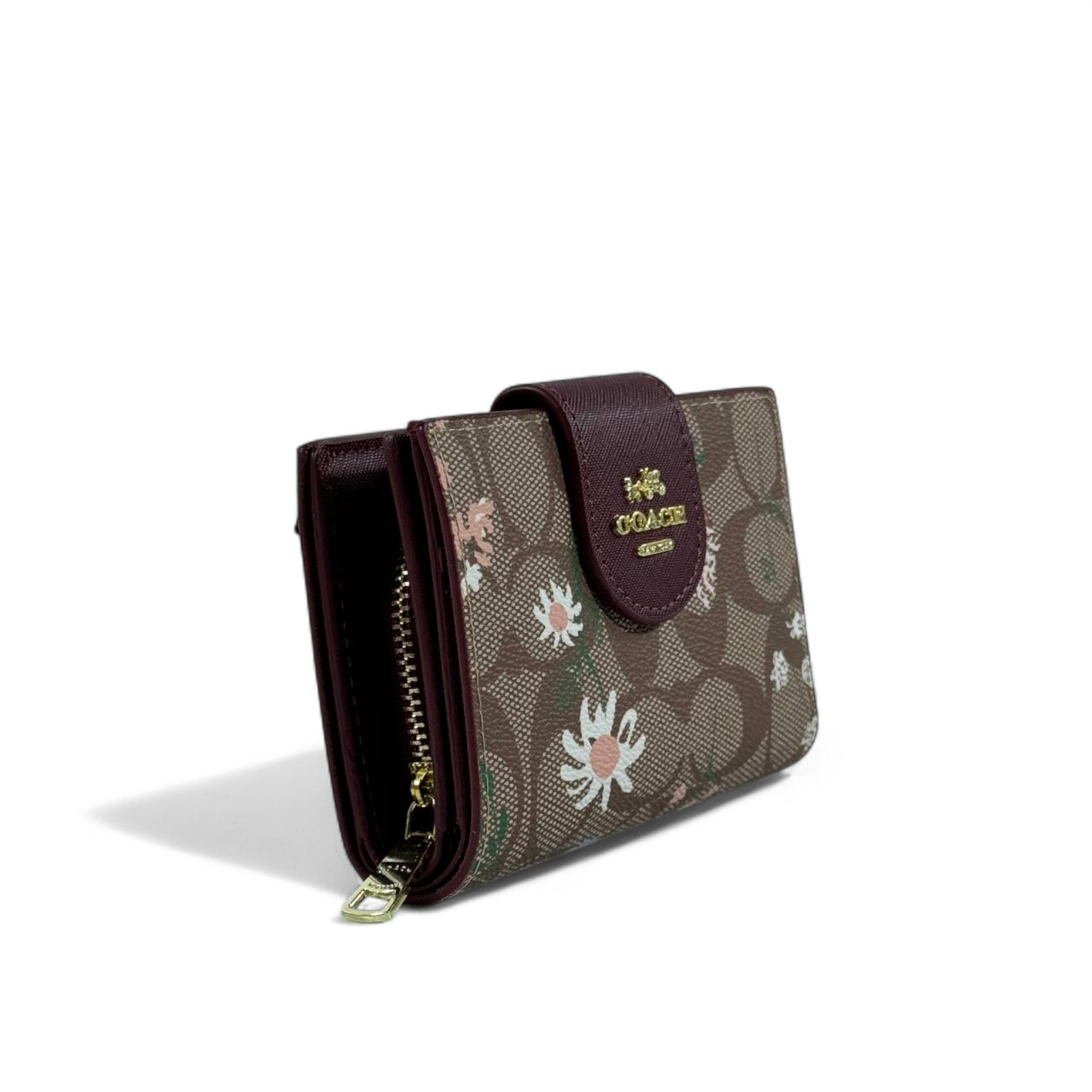 Coach Signature Floral Print Wallet 🌸🍷 | Brown with Burgundy Trim