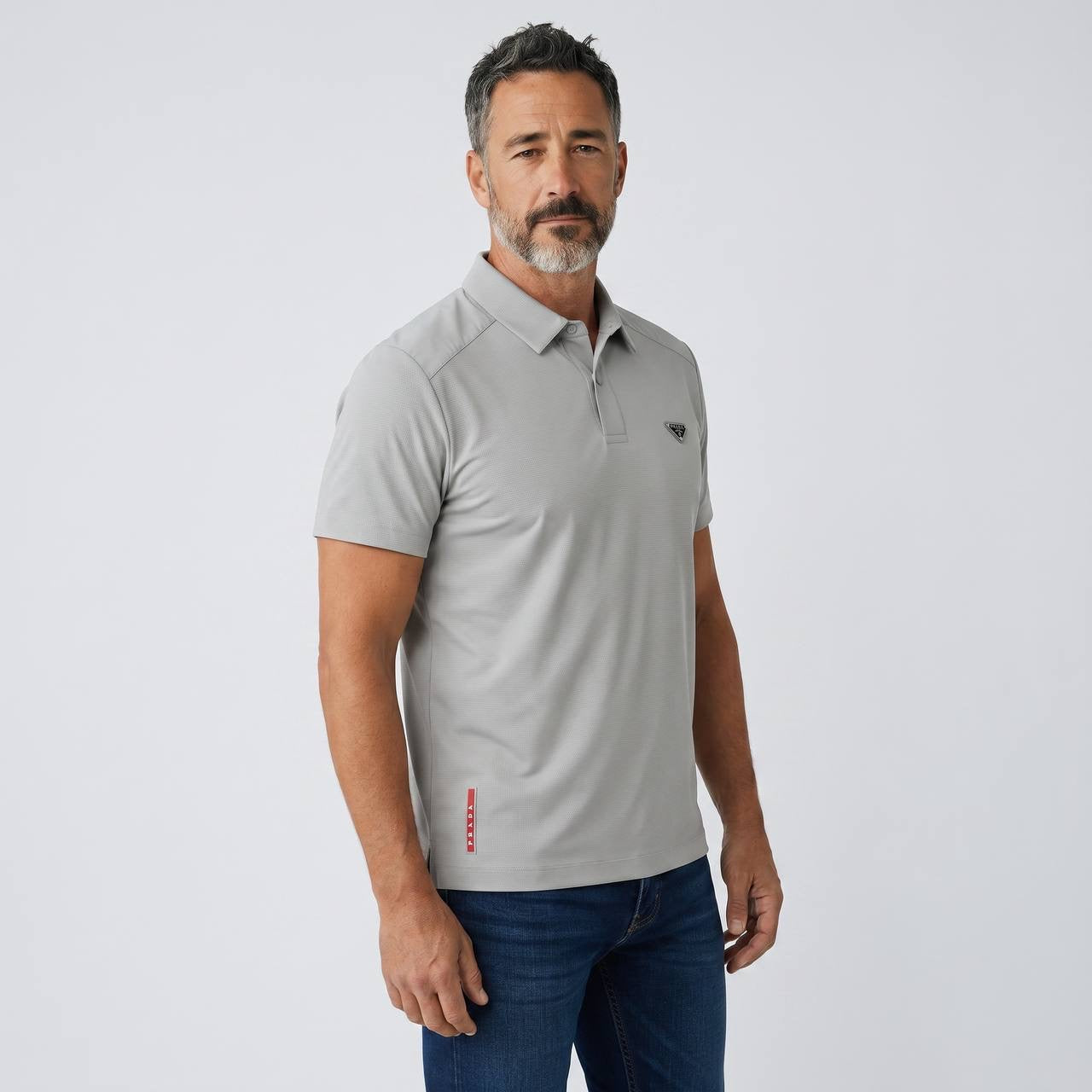 Prada Textured Performance Polo – Light Grey Edition ✨