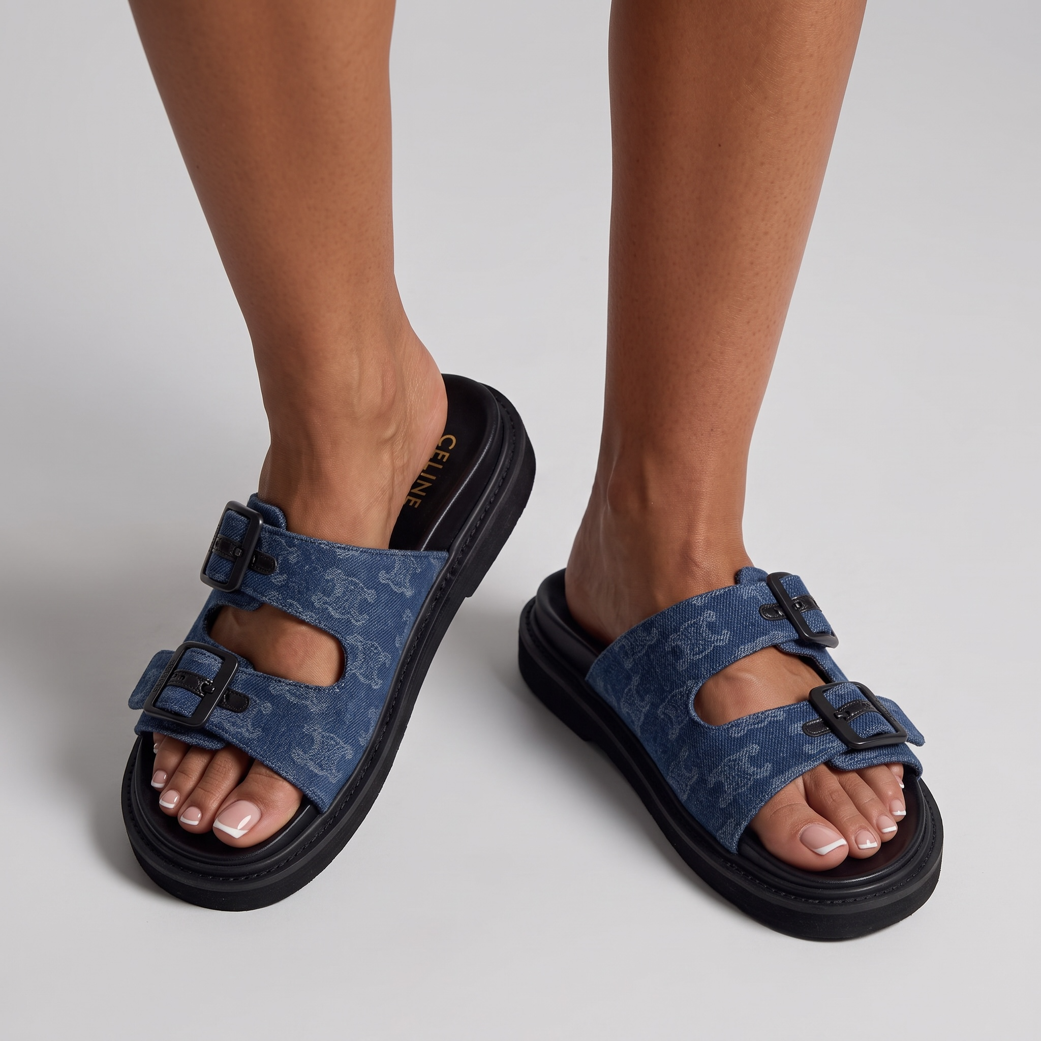 Celine Triomphe Blue Denim Slippers β Monogram Chic