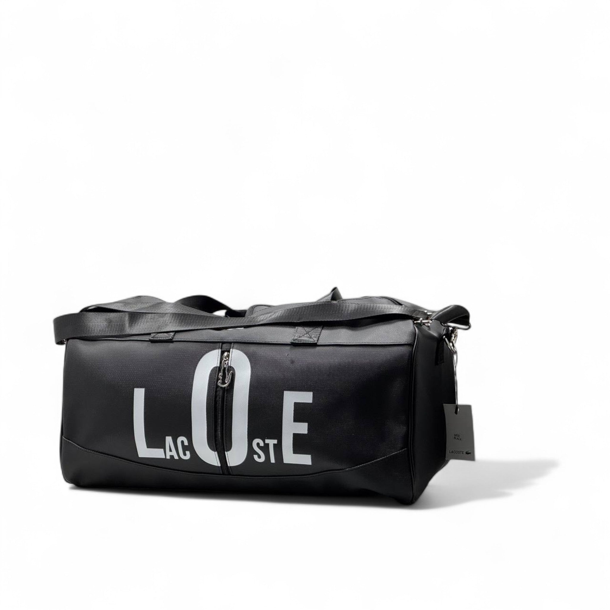 Lacoste Black Graphic Duffel Bag ๐ โ Bold Logo Sports & Travel Carryall