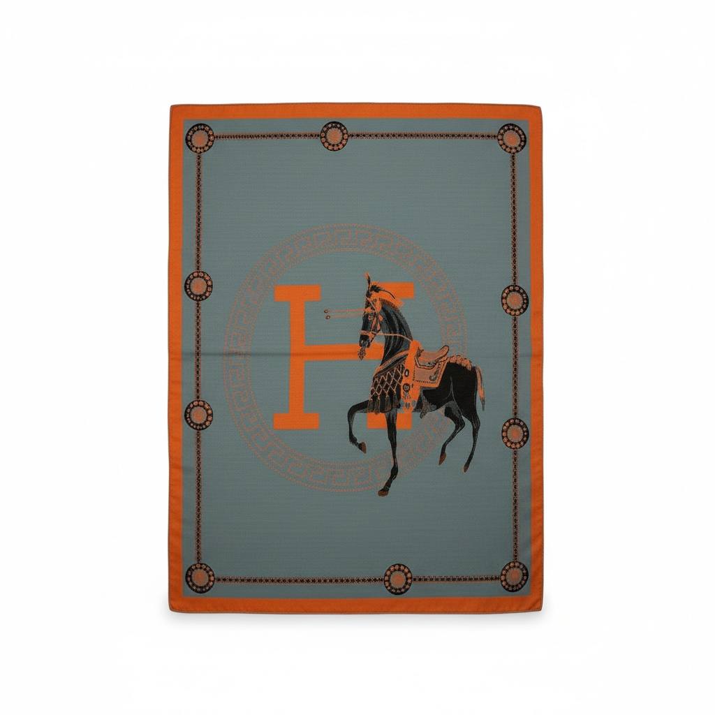 Hermès Equestrian H Scarf – Sage Green & Burnt Orange Luxury 🐎✨