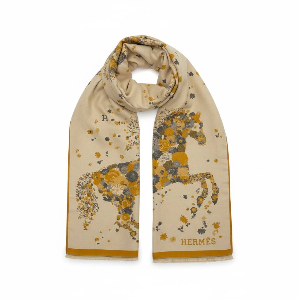 Hermès Floral Equestrian Scarf – Ivory & Golden Bloom Luxury 🤍✨