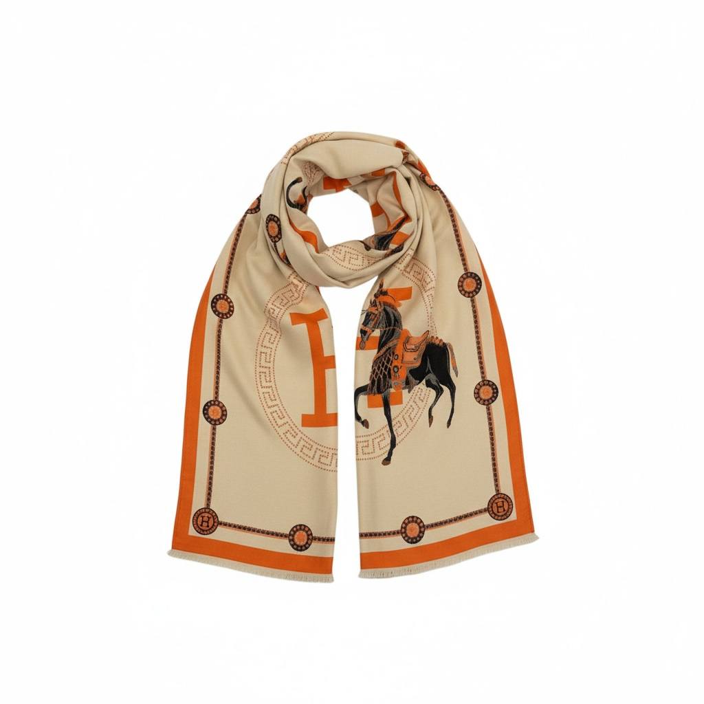 Hermès Equestrian H Scarf – Ivory & Orange Heritage Elegance 🐎✨