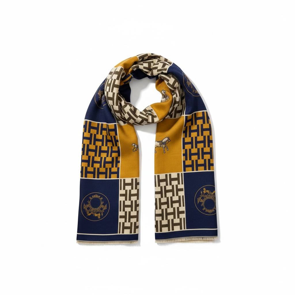 Hermès Geometric Horse Scarf – Navy & Mustard Luxury Edition 🐎💛💙