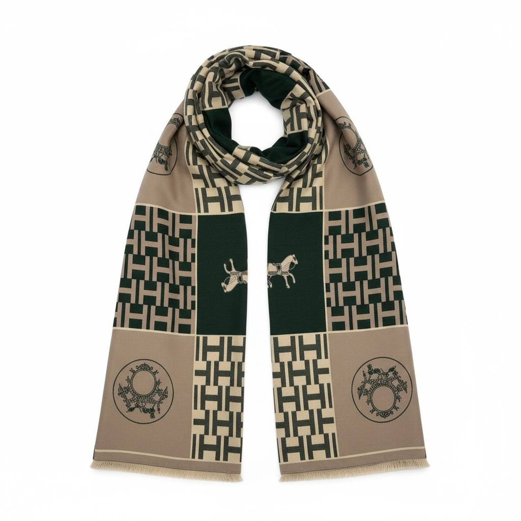 Hermès Signature H Scarf – Olive Green & Taupe Luxury Edition 🤍💚