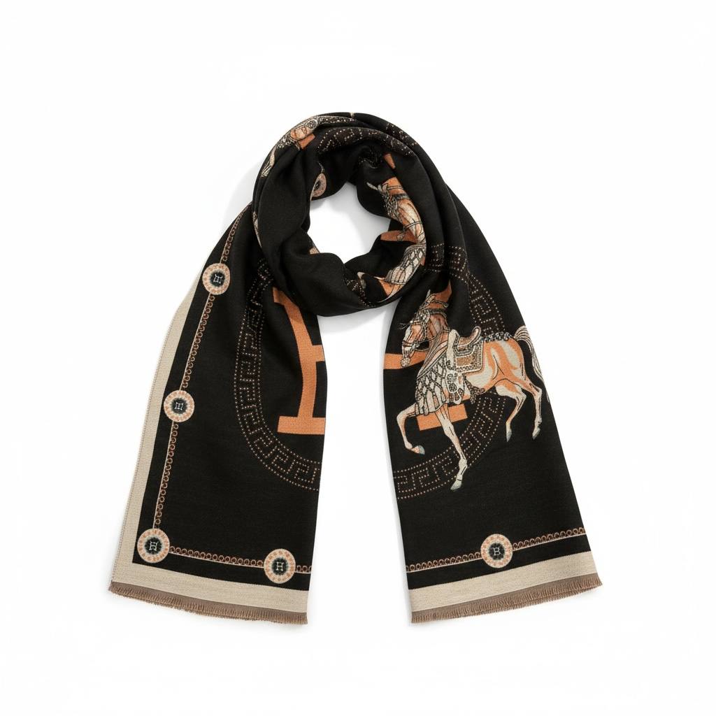 Hermès Luxury Horse Scarf – Black & Camel | Single Face