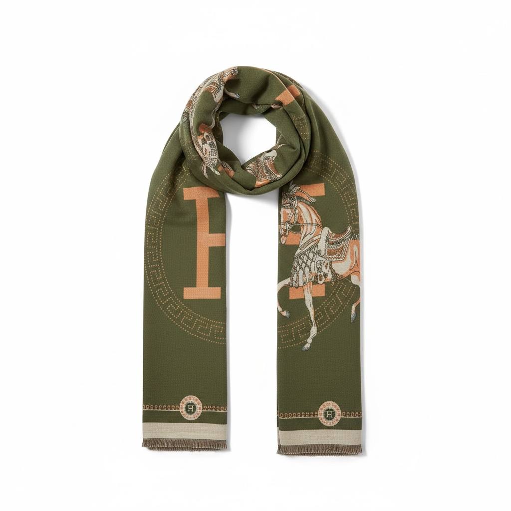 Hermès Luxury Horse Scarf – Olive Green | Single Face
