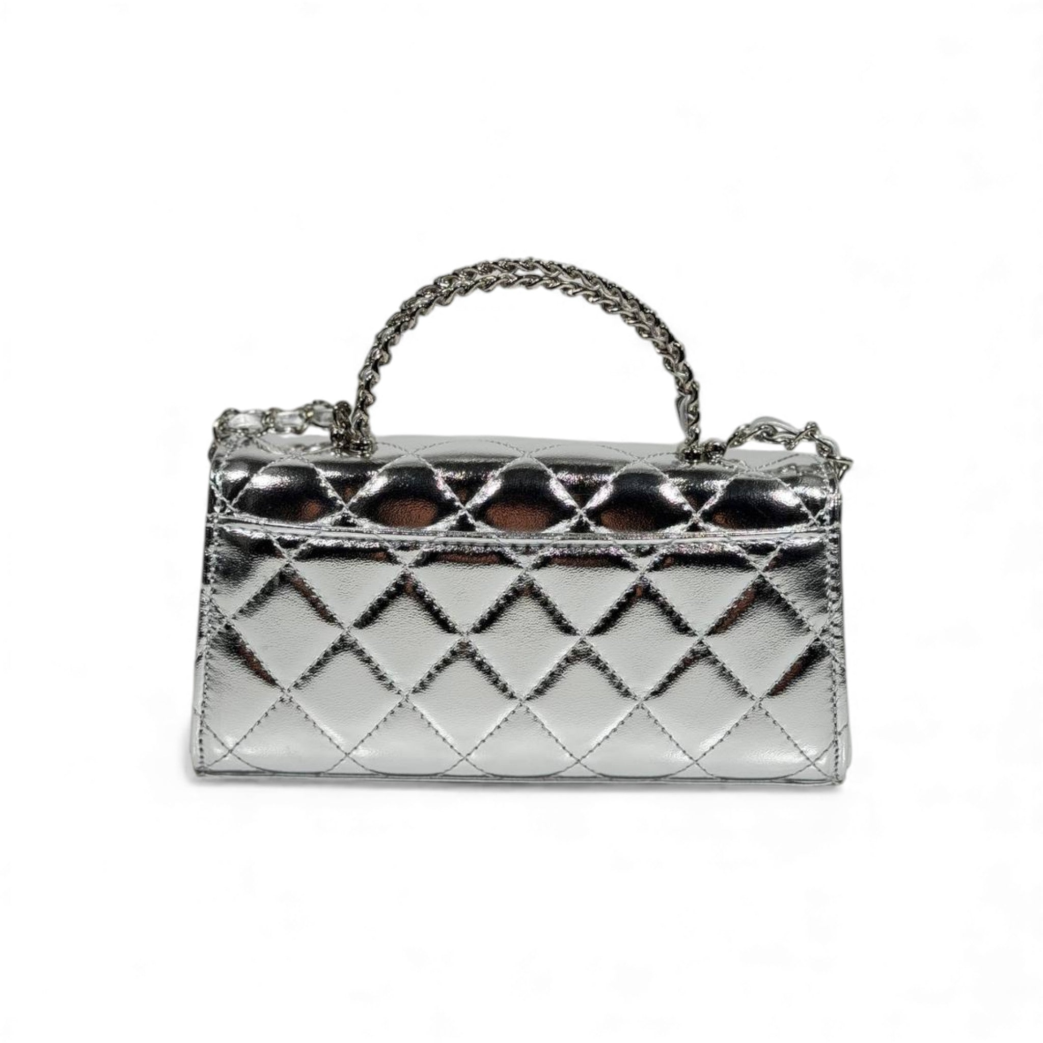 🤍 Chanel Quilted Patent Top-Handle Bag 🪞✨ | Silver Luxe Edition