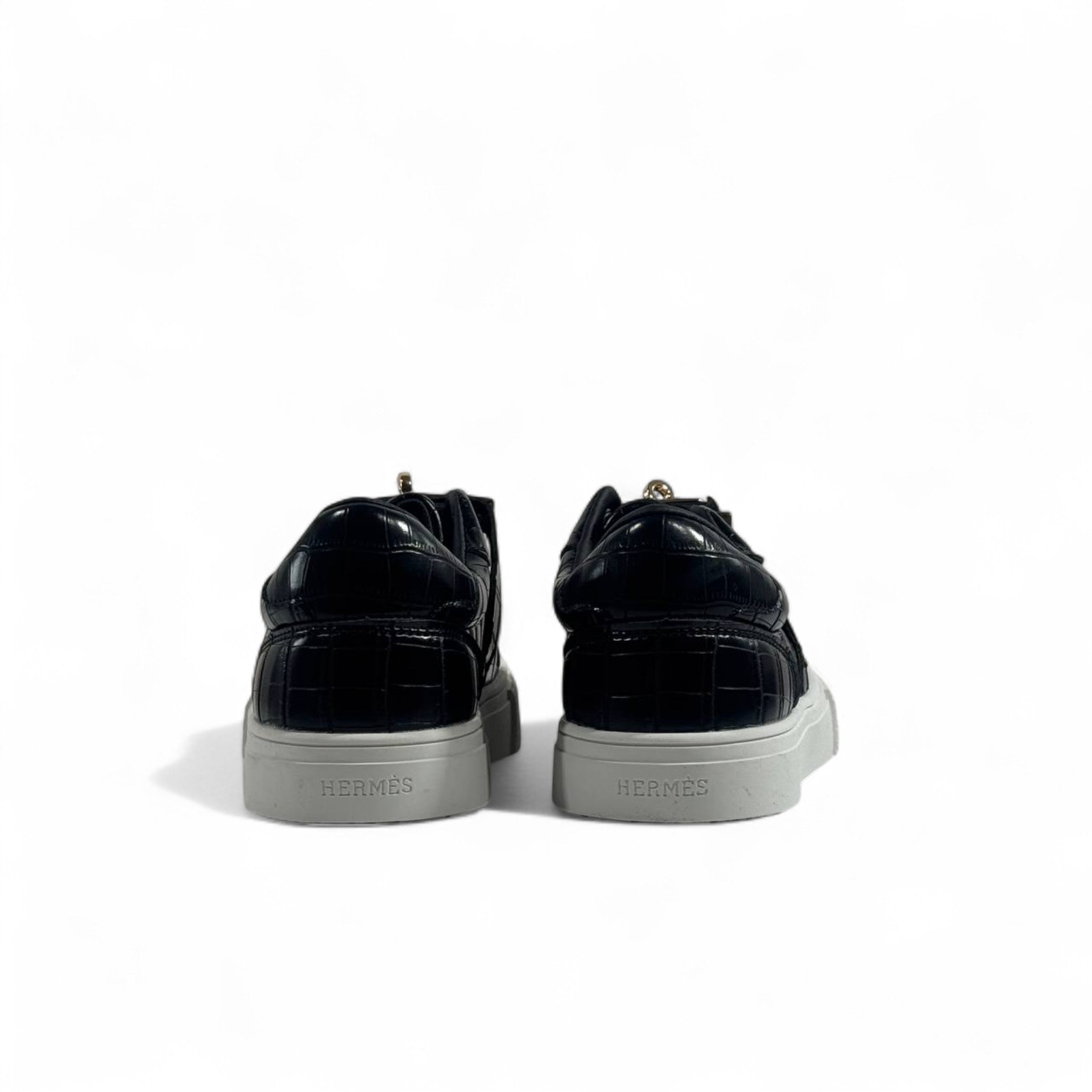 Hermès Black Croc-Embossed Luxury Sneakers with Gold Hardware