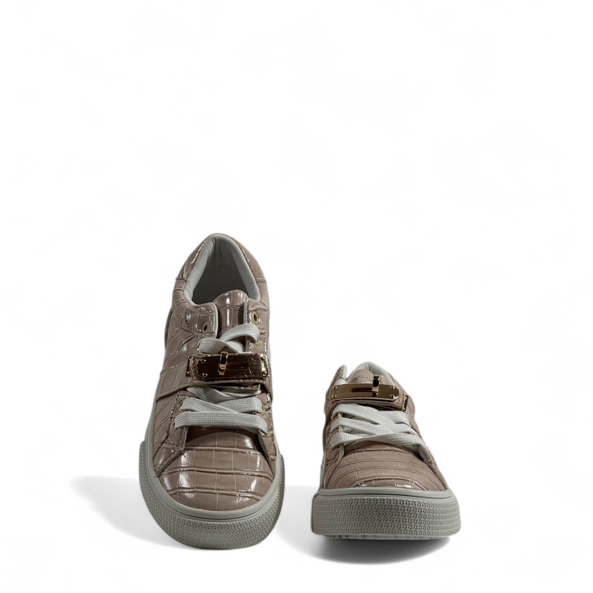 Hermès Beige Croc-Embossed Sneakers with Gold Lock