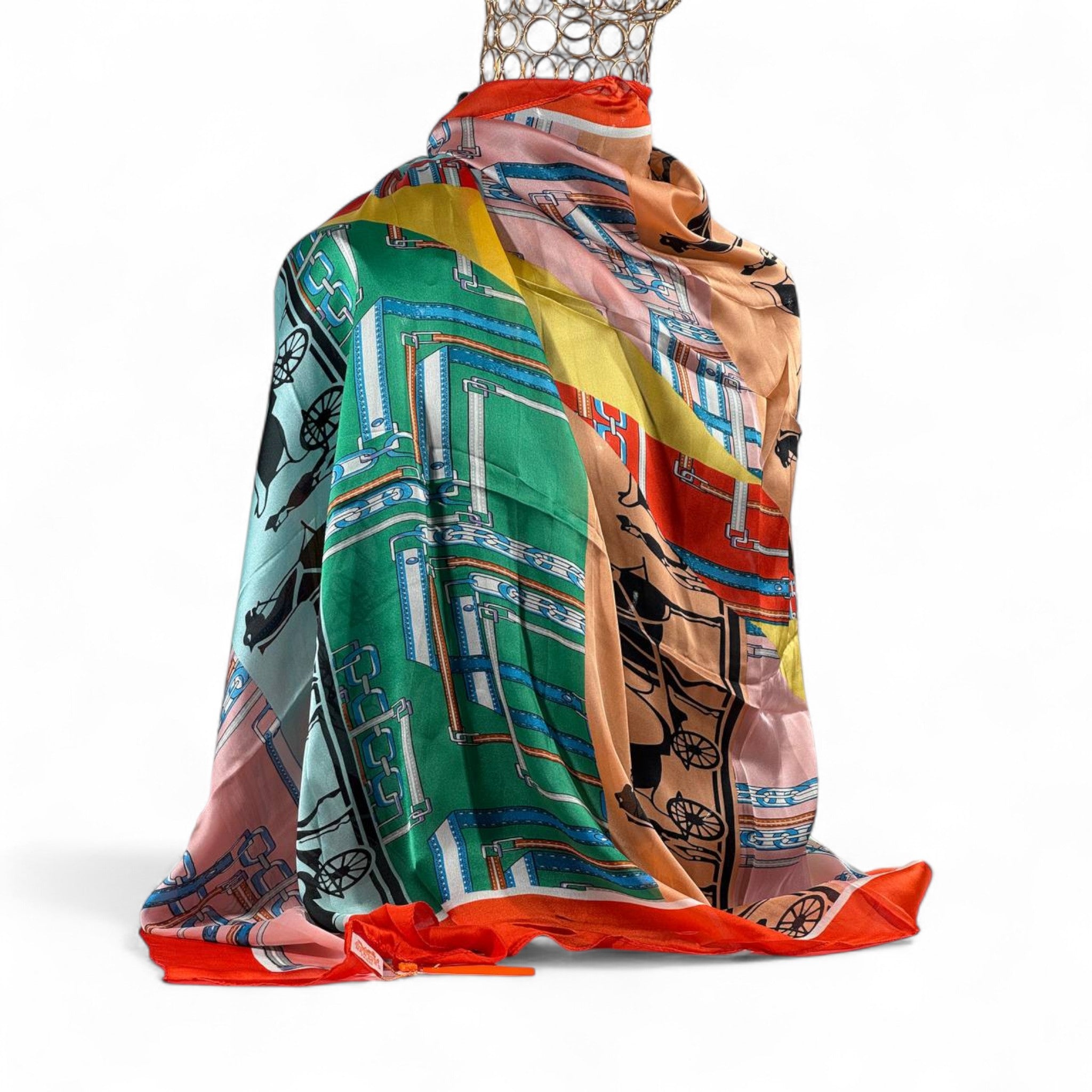 🌈 Hermès Paris Silk Scarf – Multicolor Elegance with Orange Border ✨