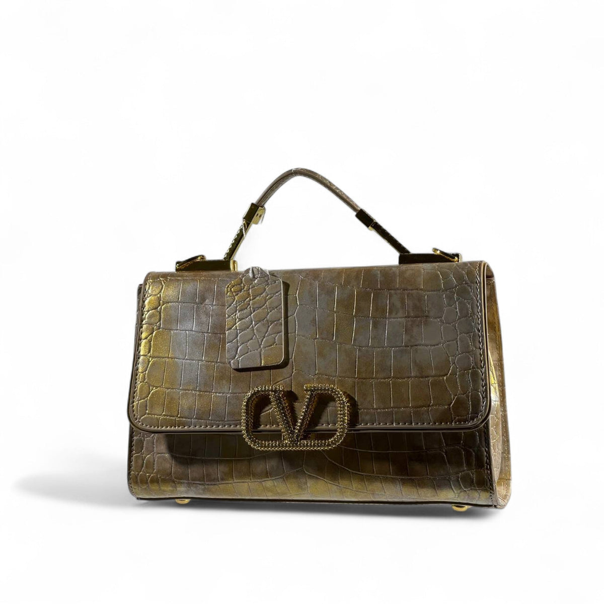 Valentino Garavani Croc-Embossed Golden Bronze VLogo Bag