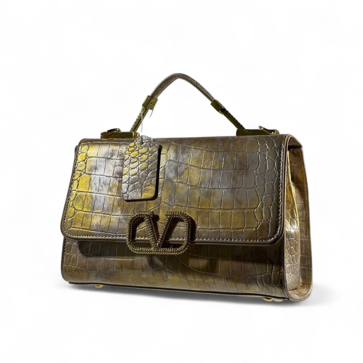 Valentino Garavani Croc-Embossed Golden Bronze VLogo Bag