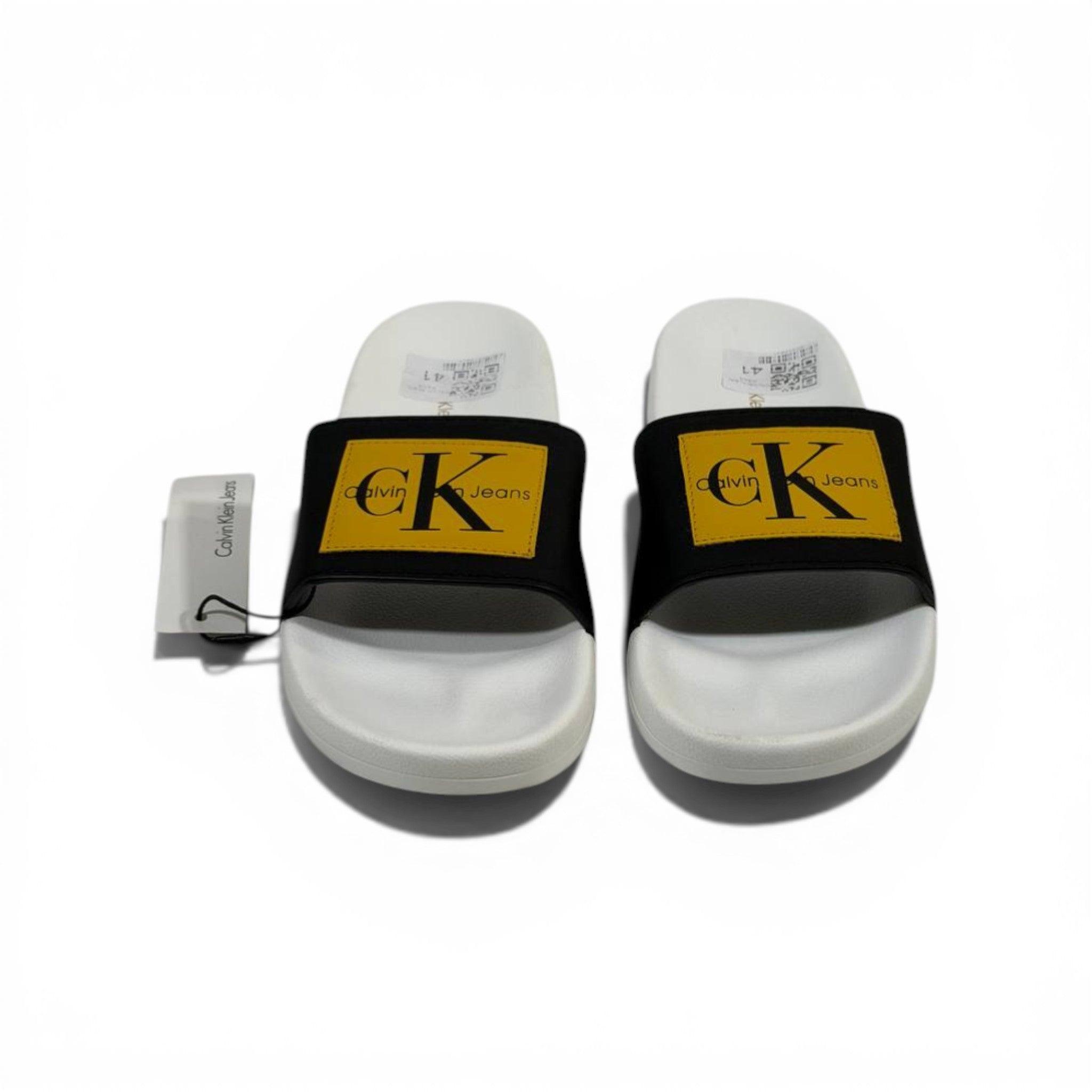 CALVIN KLEIN Luxury Black & White Slide Sandals β Yellow CK Logo Patch & Modern Street Style πβ¨