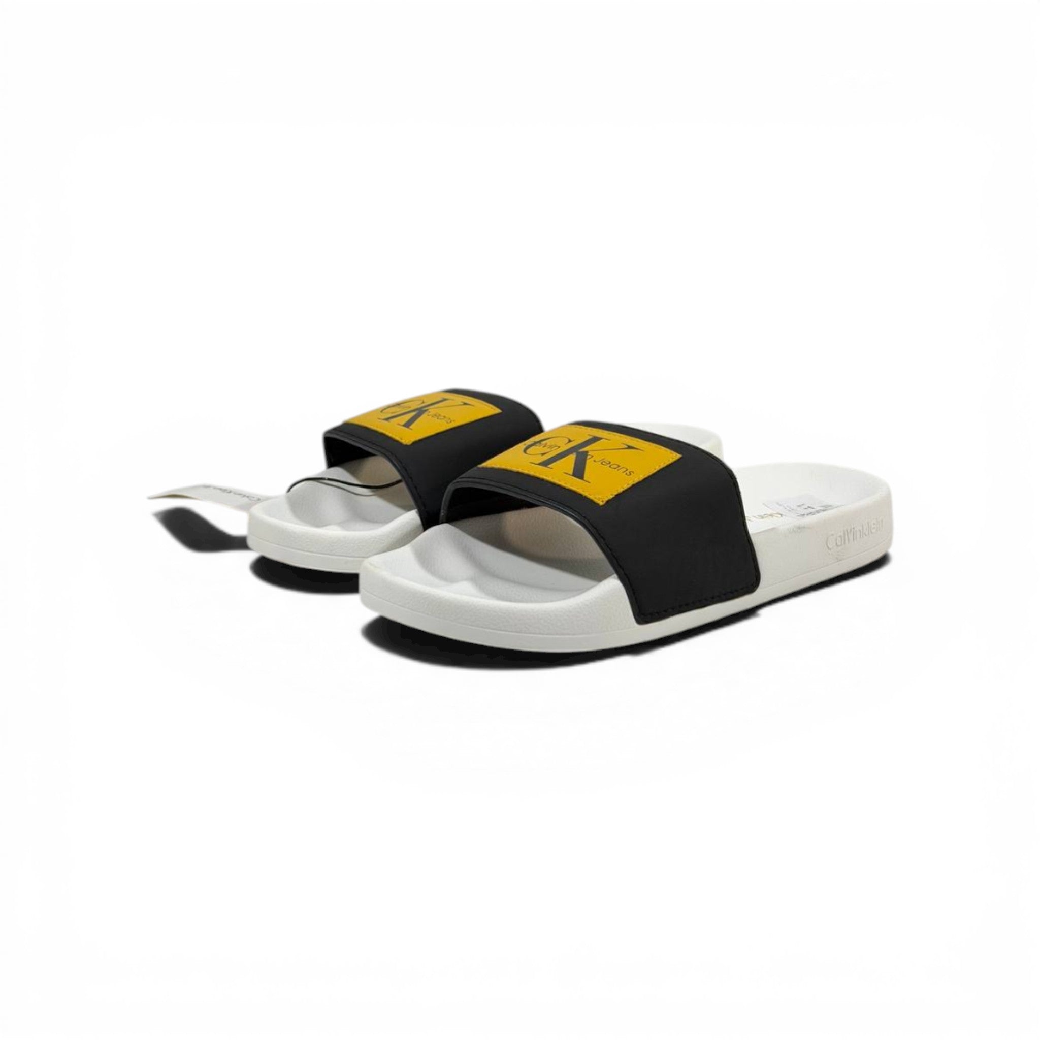 CALVIN KLEIN Luxury Black & White Slide Sandals β Yellow CK Logo Patch & Modern Street Style πβ¨
