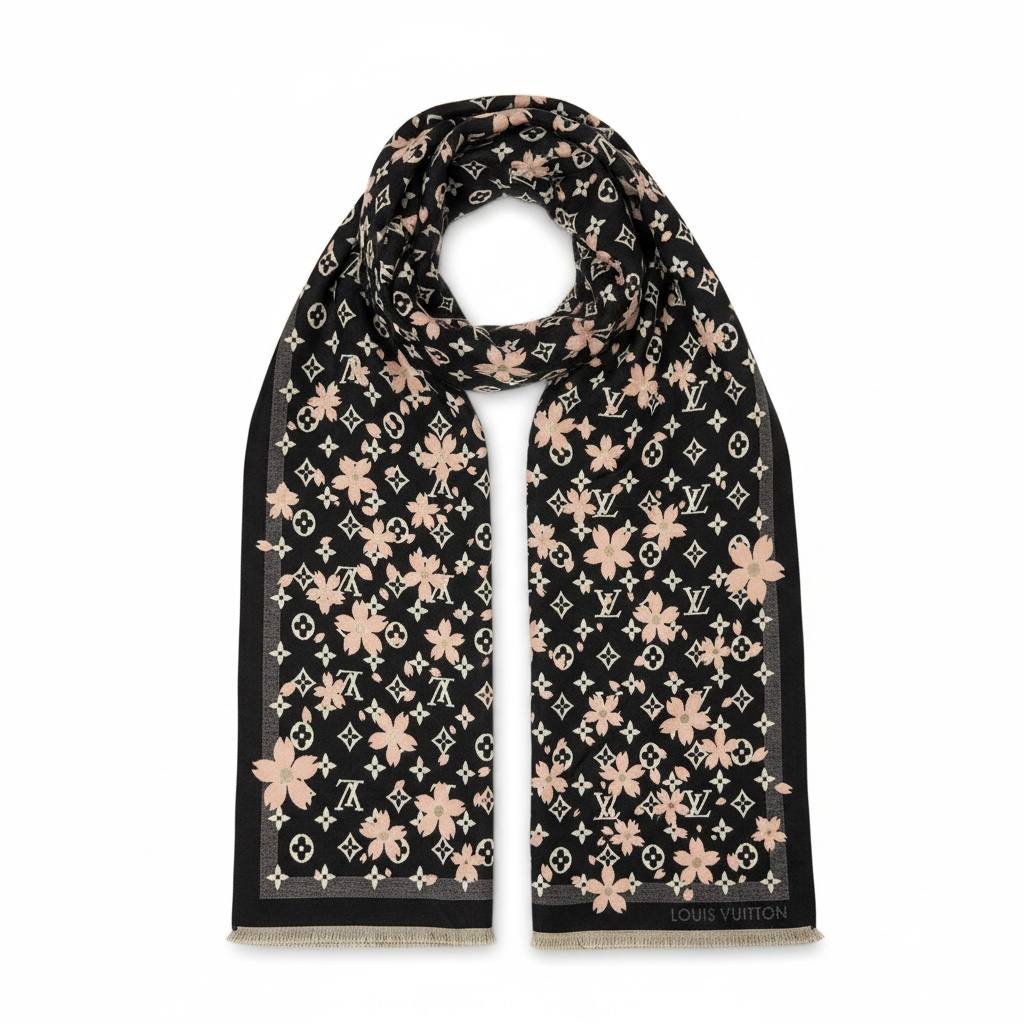 🌸 Louis Vuitton Floral Monogram Scarf – Black & Blush Elegance