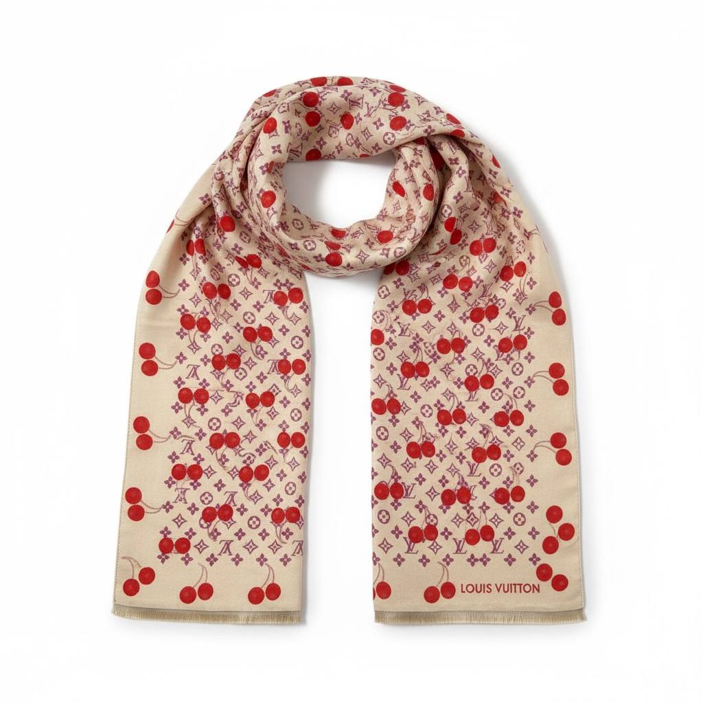 ๐ Louis Vuitton Cherry Monogram Scarf โ Soft Beige & Red Charm