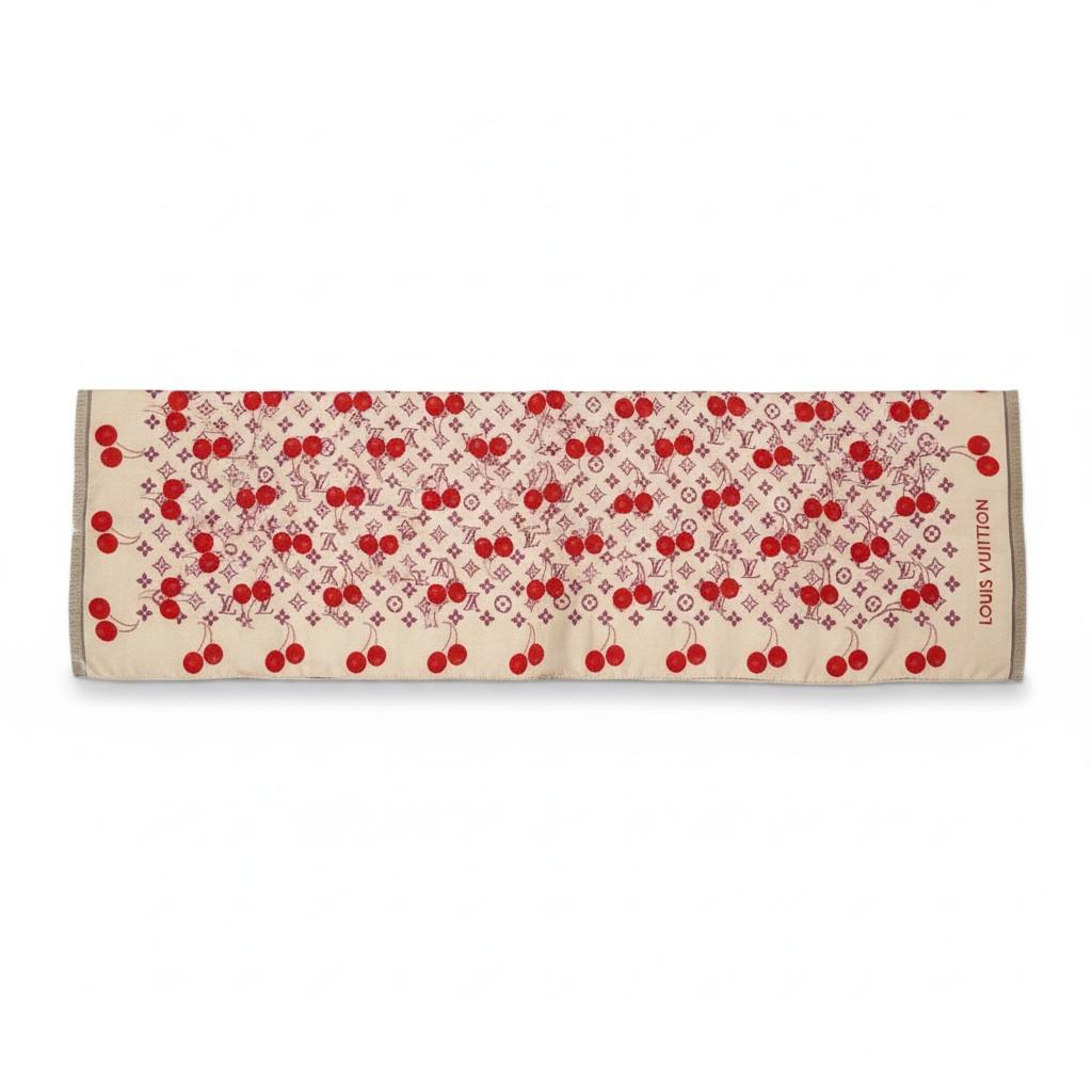 ๐ Louis Vuitton Cherry Monogram Scarf โ Soft Beige & Red Charm