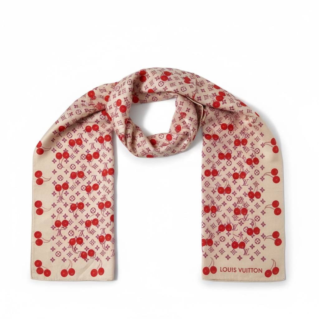 ๐ Louis Vuitton Cherry Monogram Scarf โ Soft Beige & Red Charm
