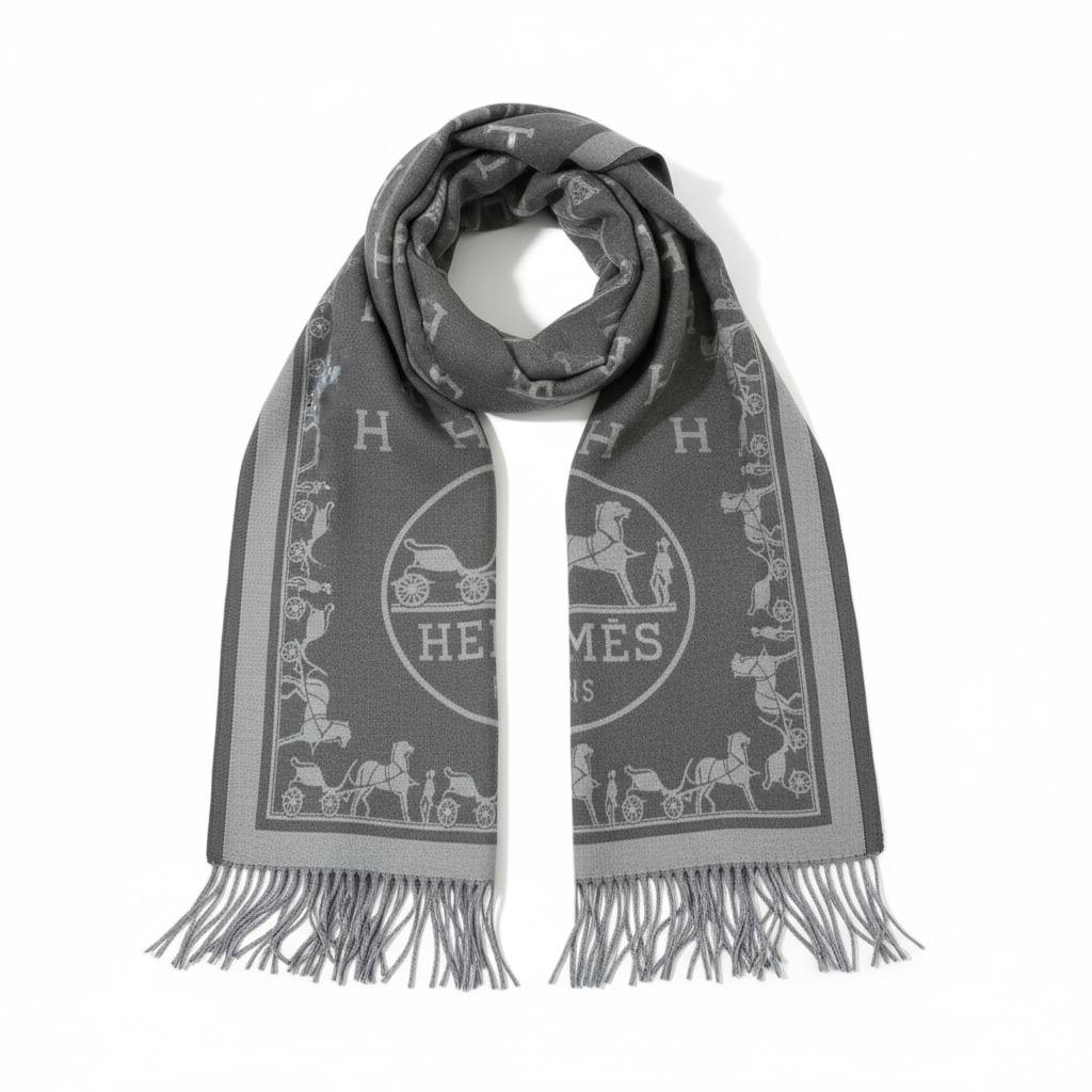 🩶 Hermès Iconic Horse Carriage Scarf – Timeless Grey Elegance 🩶