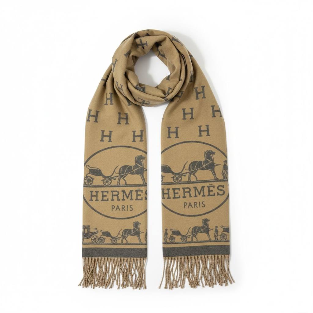 🤎 Hermès Iconic H Print Winter Scarf Beige