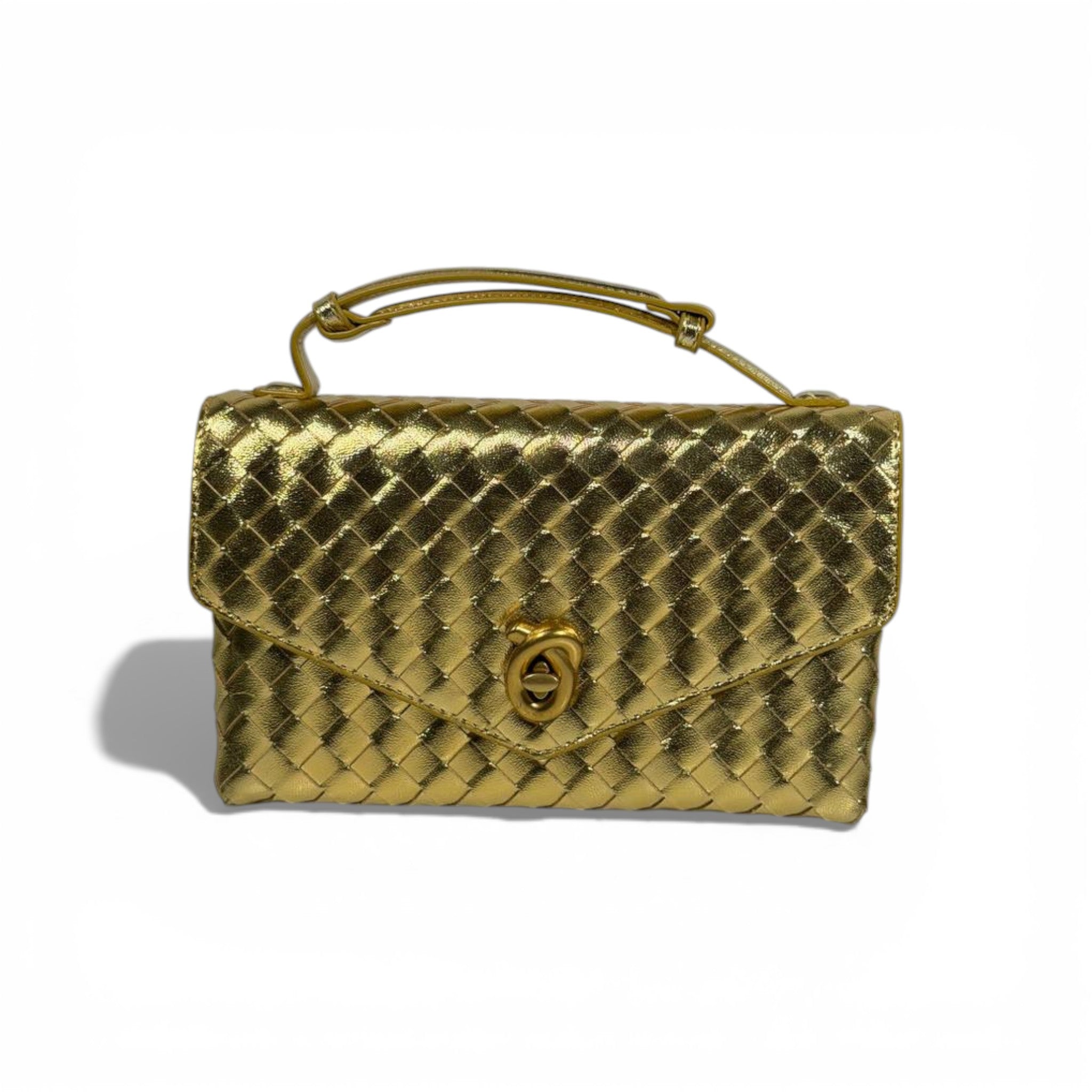 👜 Bottega Veneta Intrecciato Metallic Leather Top-Handle Bag – Gold ✨