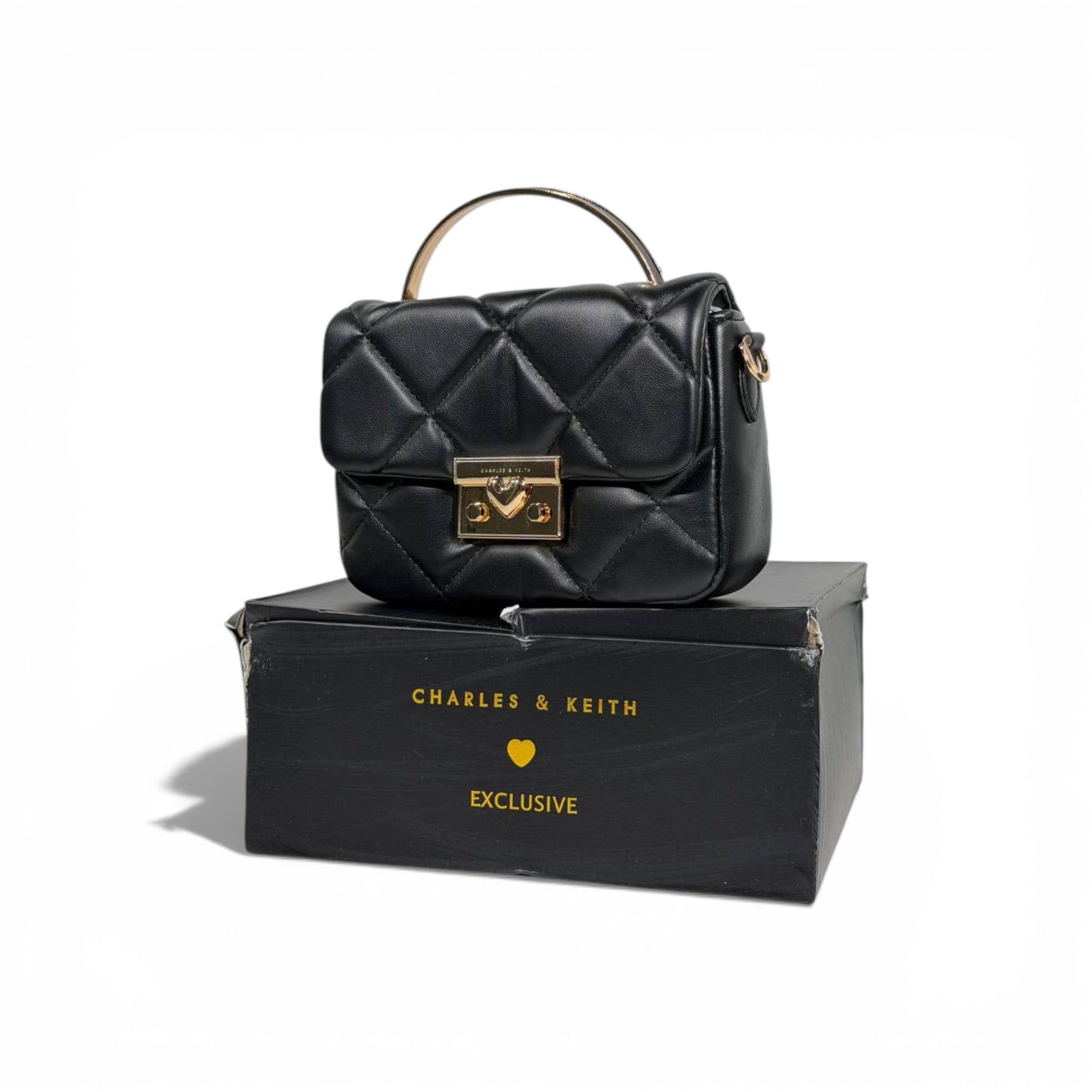 Charles & Keith Quilted Mini Top Handle Bag Black Gold Hardware
