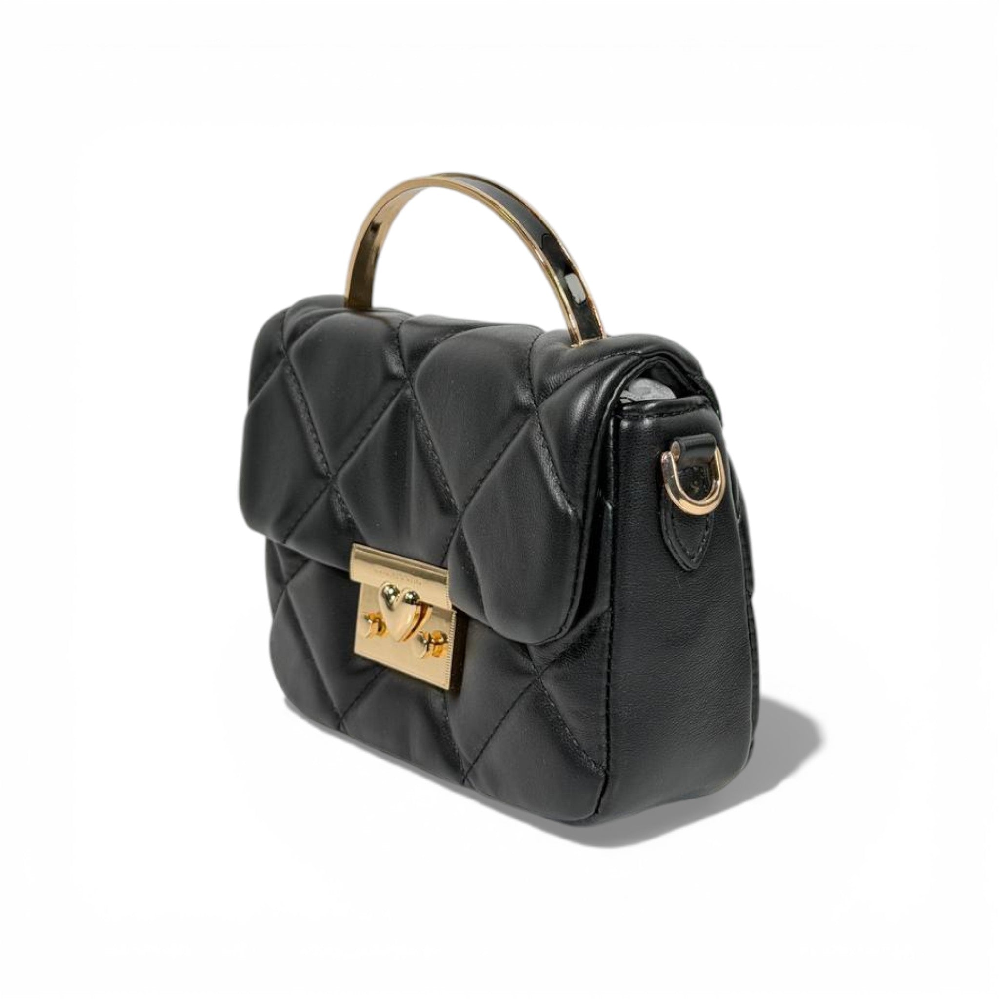 Charles & Keith Quilted Mini Top Handle Bag Black Gold Hardware