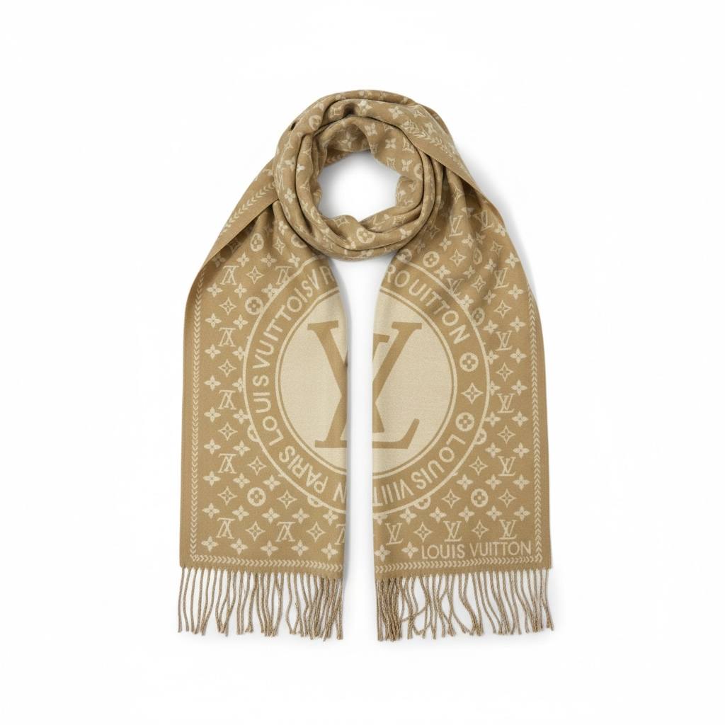 Louis Vuitton Monogram Circle Cashmere Blend Scarf Beige Elegant Style