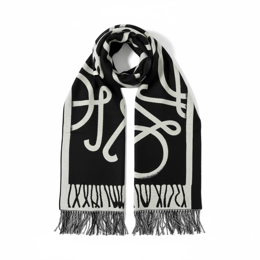 Loewe Inspired Black Graphic Wool Cashmere Scarf Elegant Statement Design
