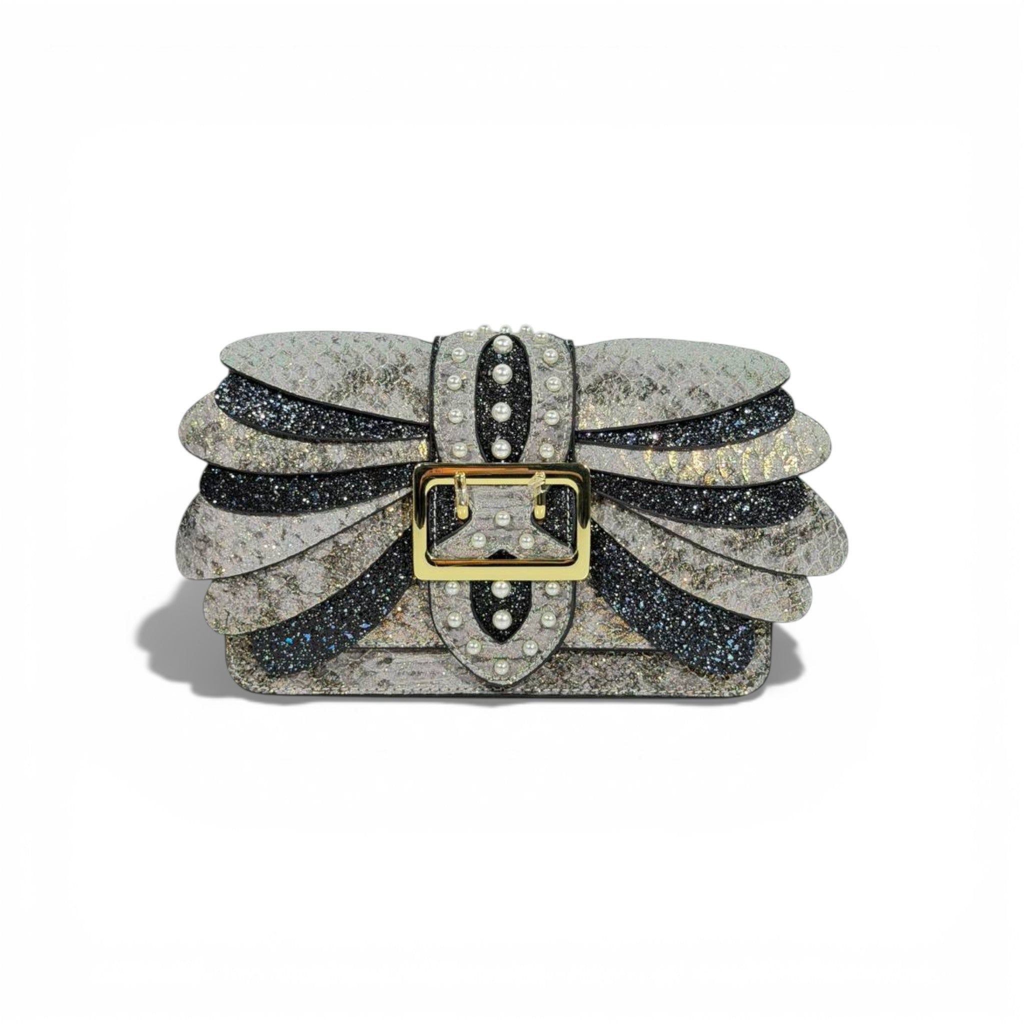 Black & Silver Glitter Bow Clutch Bag | Pearl Detail Elegant Evening Handbag 🖤✨