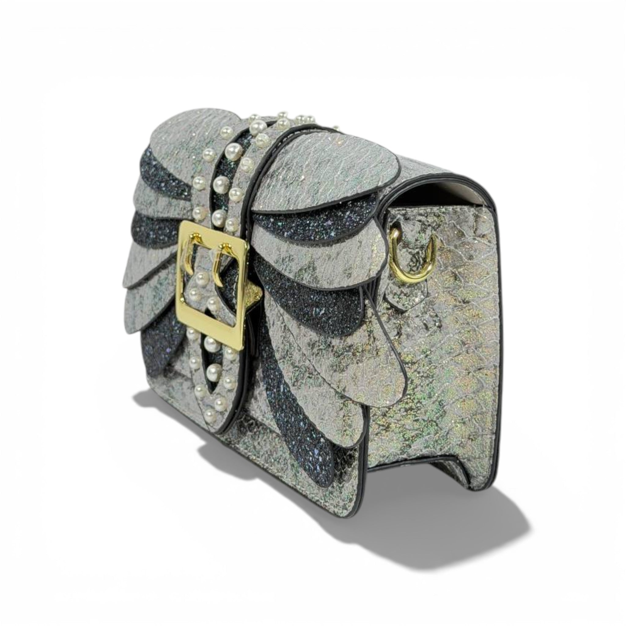 Black & Silver Glitter Bow Clutch Bag | Pearl Detail Elegant Evening Handbag 🖤✨