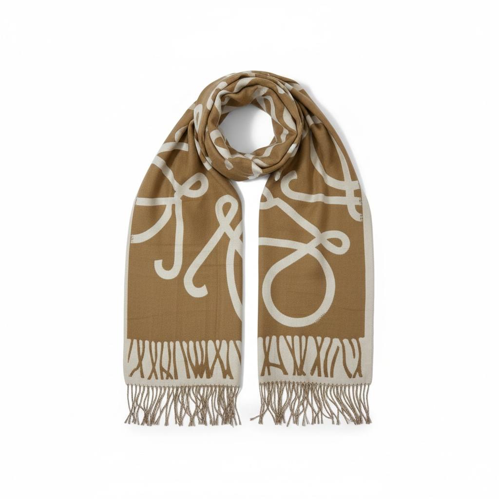 Loewe Brown & Ivory Patterned Scarf | Luxury Fringe Winter Shawl đ¤â¨