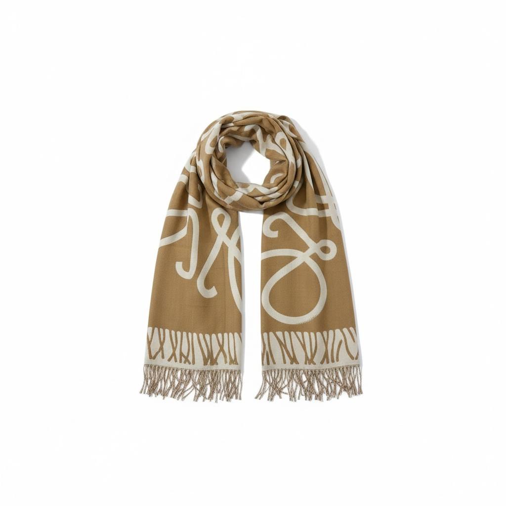 Loewe Brown & Ivory Patterned Scarf | Luxury Fringe Winter Shawl đ¤â¨