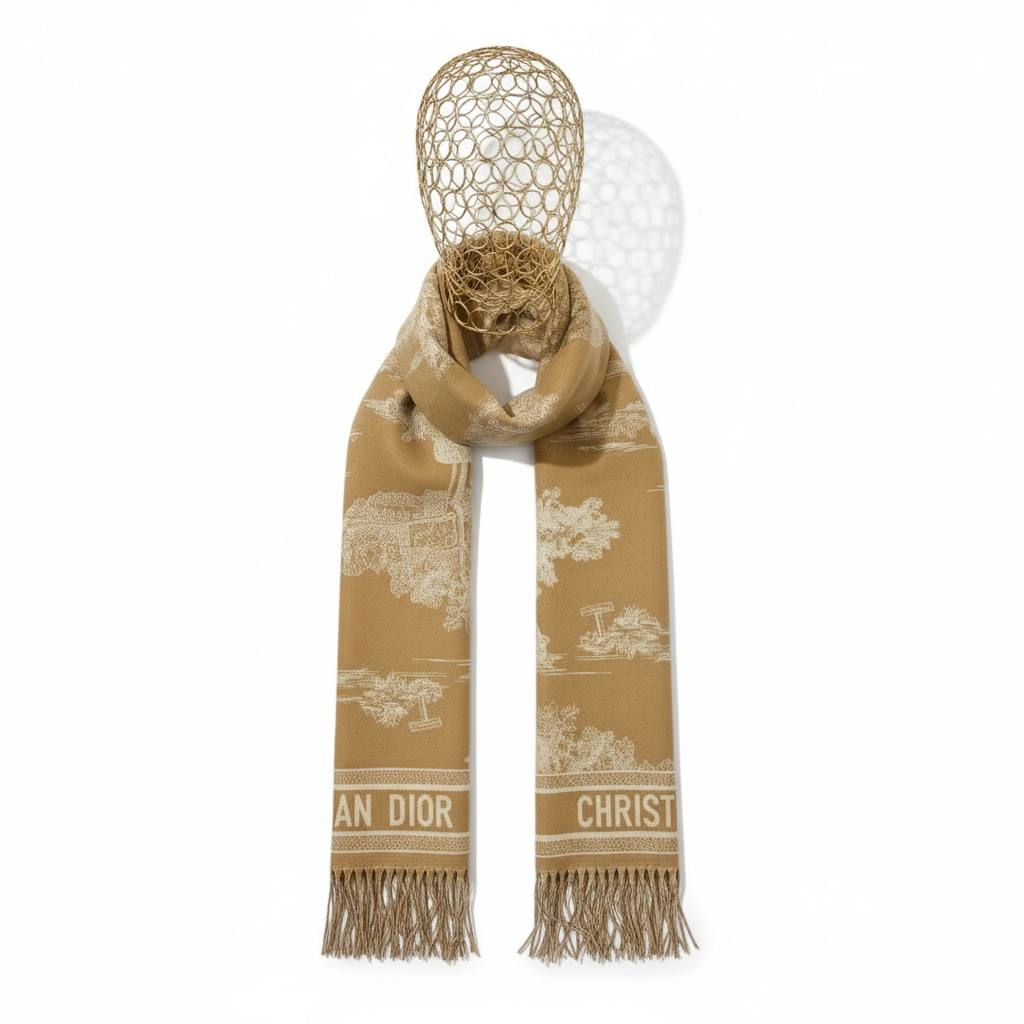 Christian Dior Camel & Ivory Patterned Scarf | Luxury Fringe Winter Shawl π€β¨