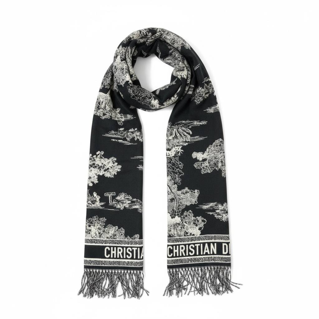 Christian Dior Black and White Toile Scarf Luxury Fringe Shawl 🖤✨