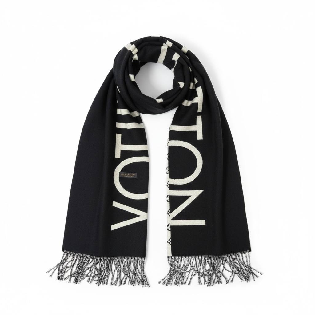 Louis Vuitton Black Logo Scarf with Fringe Luxury Winter Shawl 🖤✨