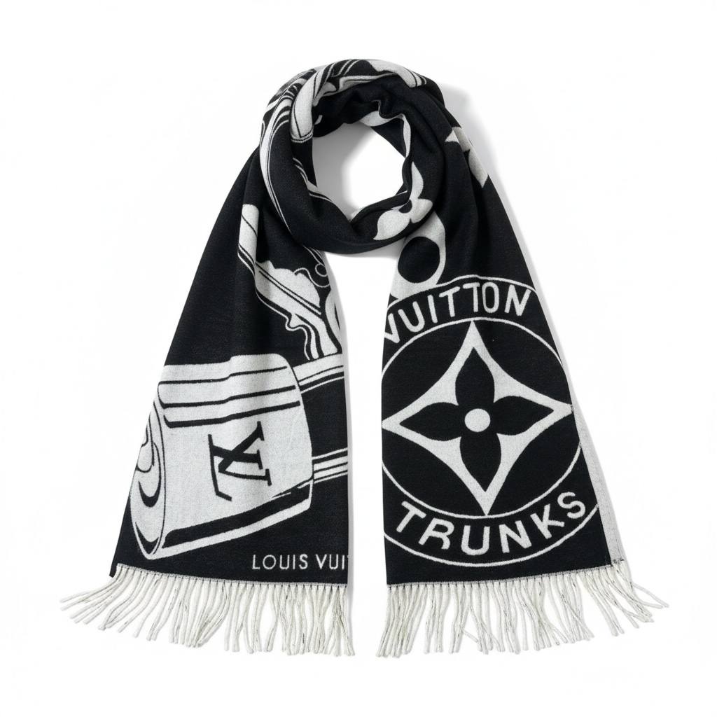 Louis Vuitton Black and White Logo Scarf with Fringe Luxury Winter Shawl π€β¨