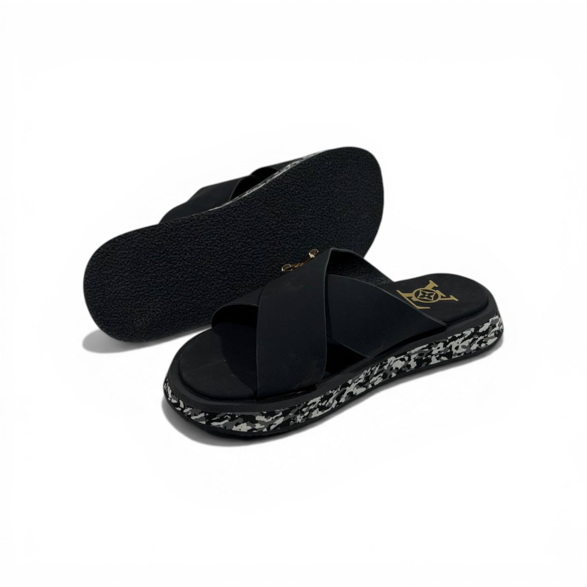 LOUIS VUITTON Luxury Black Cross Strap Sandals – LV Logo Detail & Marble Sole Design 👡✨