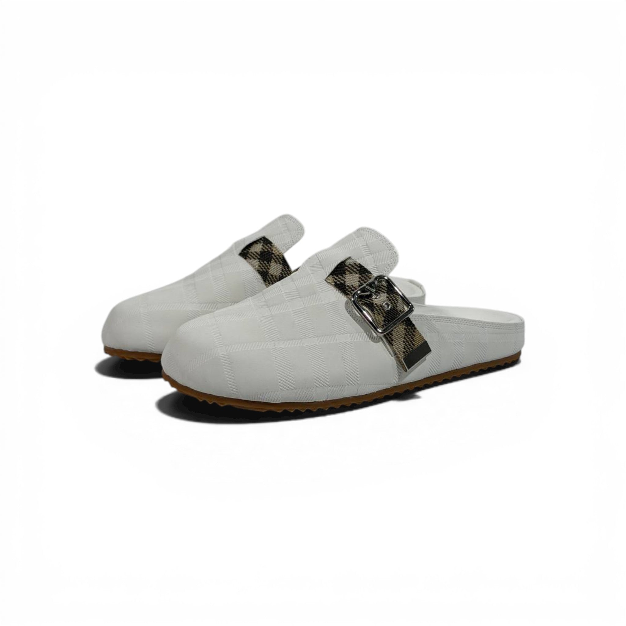 Burberry Check Pattern Slip-On Clogs with Buckle – Luxury Comfort Slides 🤍✨