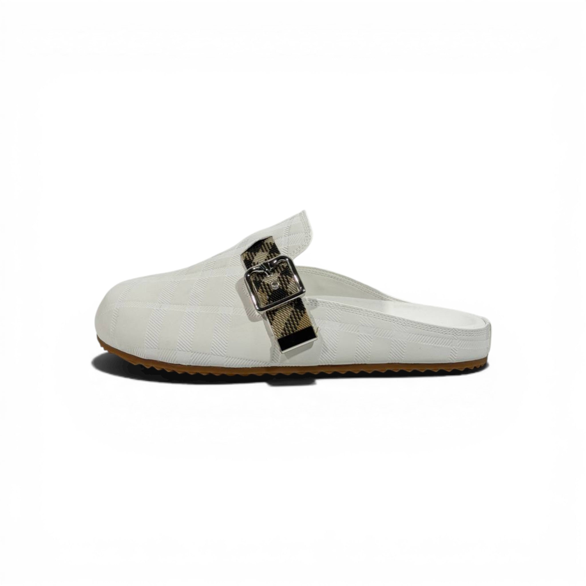 Burberry Check Pattern Slip-On Clogs with Buckle – Luxury Comfort Slides 🤍✨