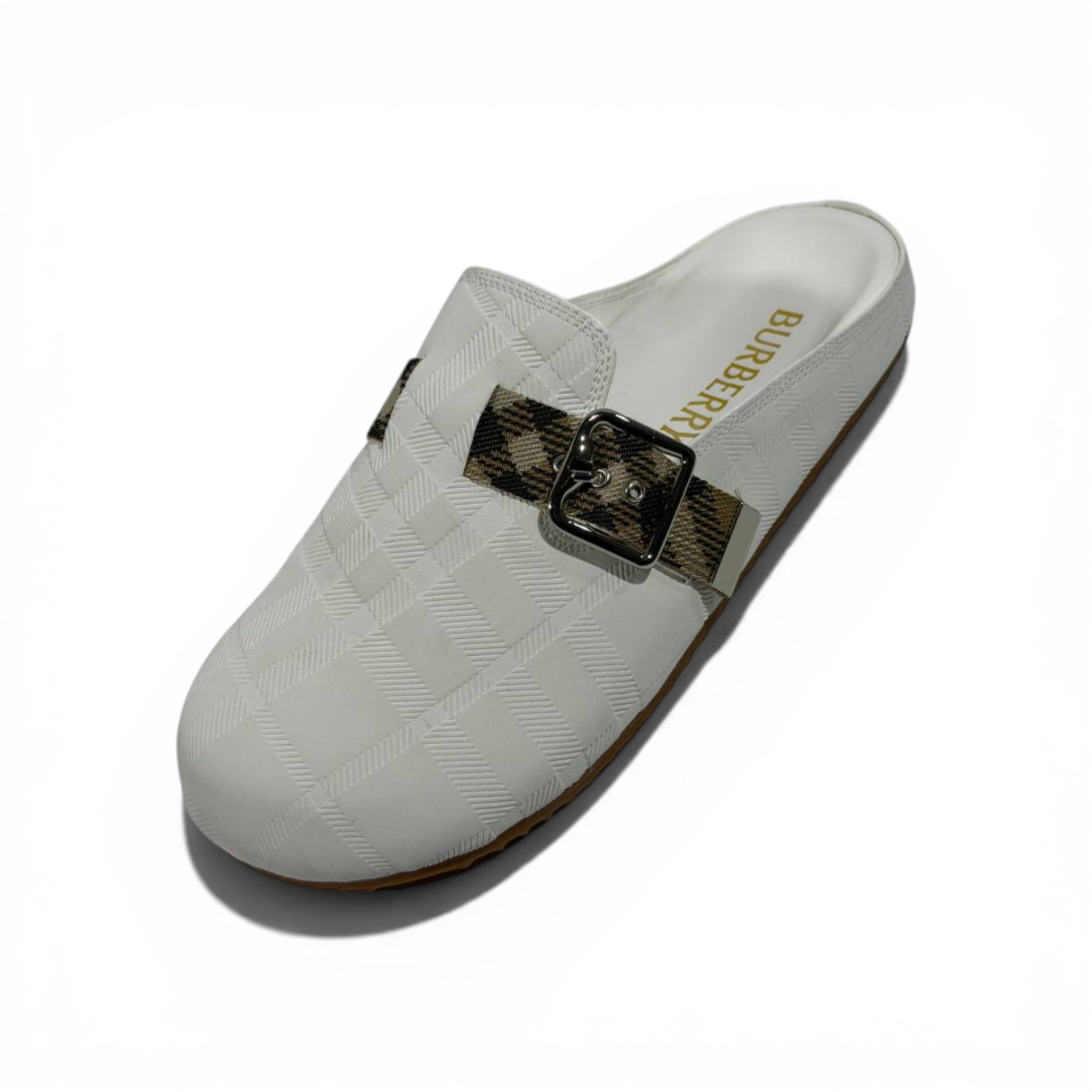 Burberry Check Pattern Slip-On Clogs with Buckle – Luxury Comfort Slides 🤍✨
